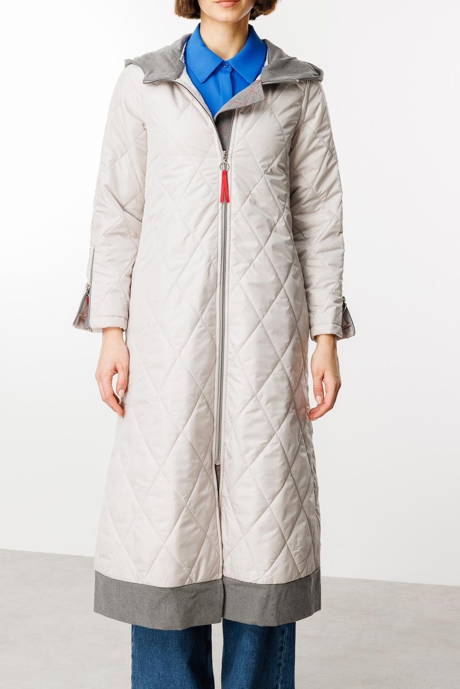 Denim Rouge Kapitone Dolgulu Garni Femuarlı Baharlık Trench Kaban-Gri