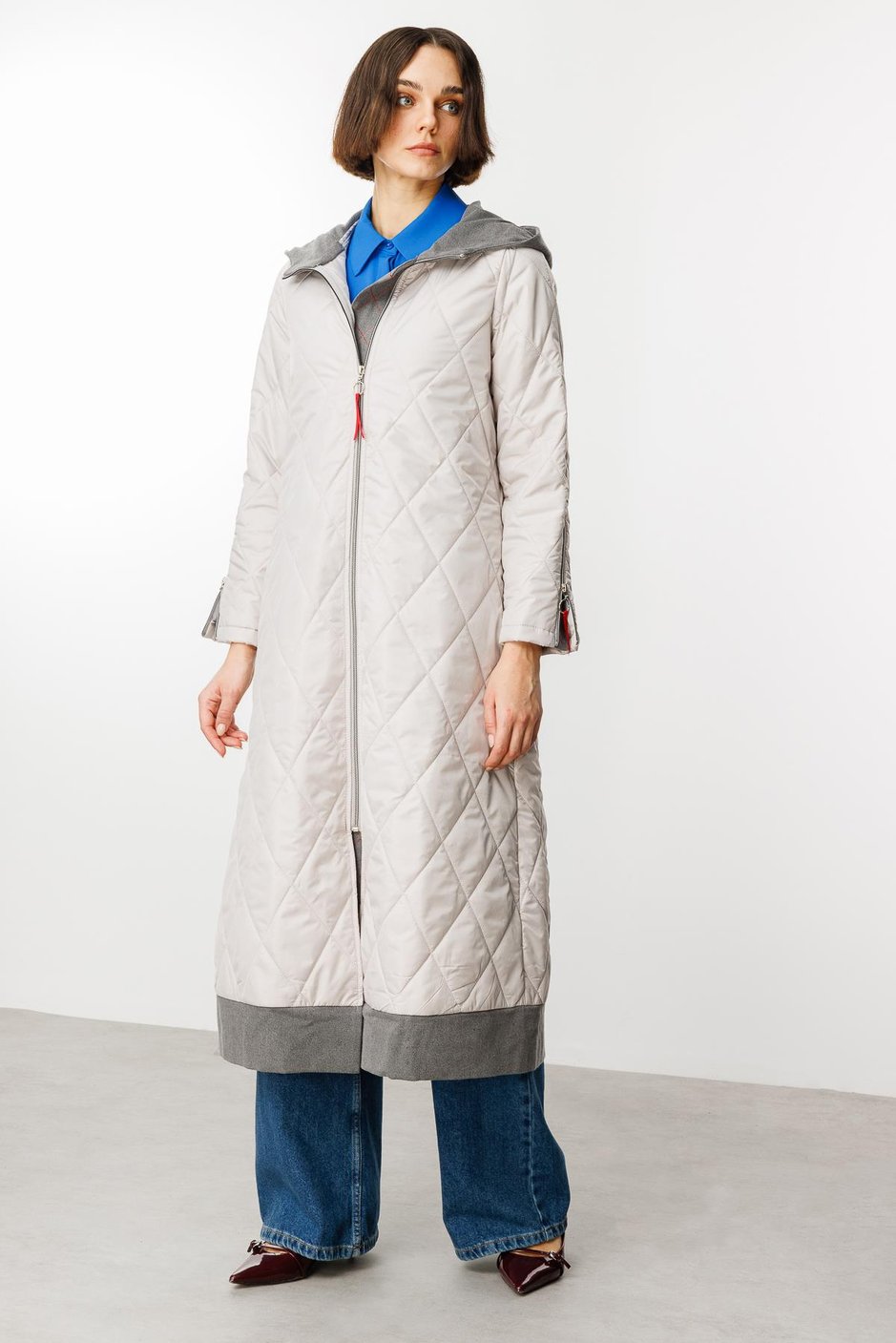Denim Rouge Kapitone Dolgulu Garni Femuarlı Baharlık Trench Kaban-Gri