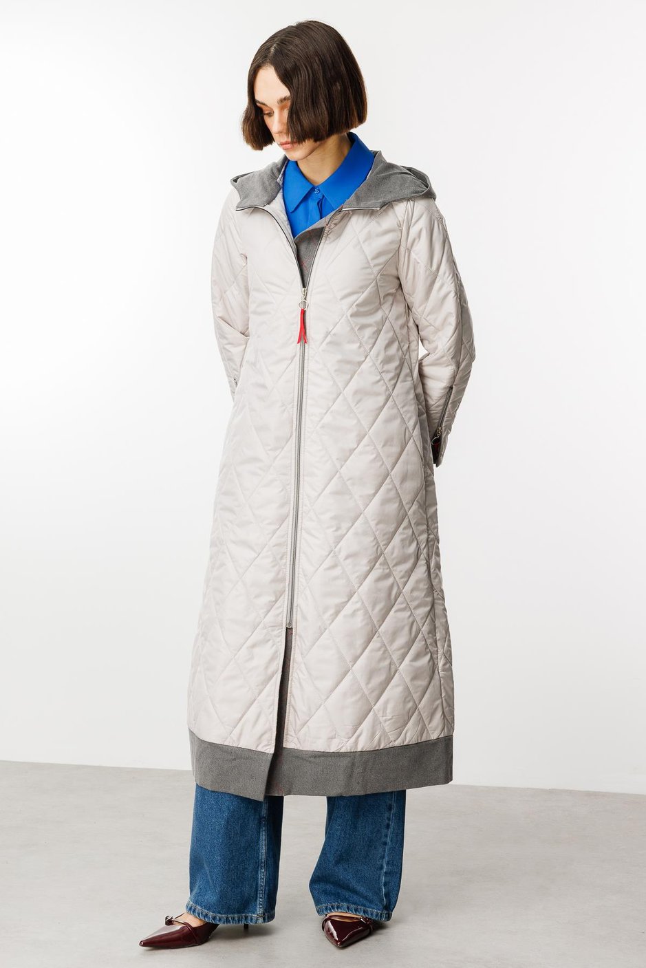 Denim Rouge Kapitone Dolgulu Garni Femuarlı Baharlık Trench Kaban-Gri