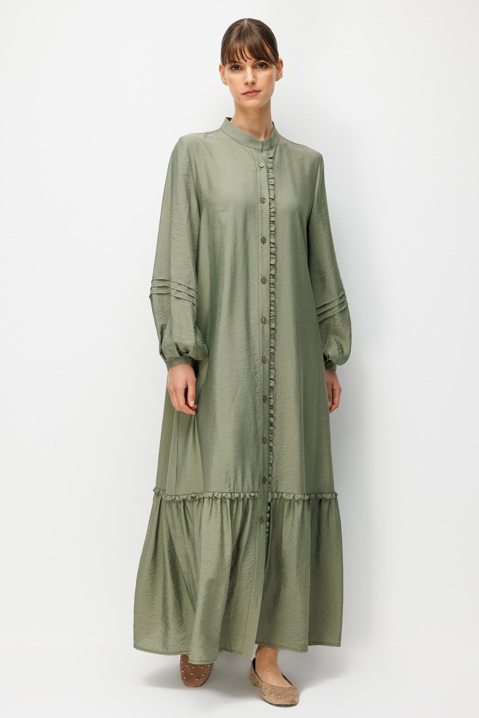 Goldy %85 LyoCELL Soft Kumaştan Büzgü Detaylı Zamansız Maxi Tunik Elbilse-Haki