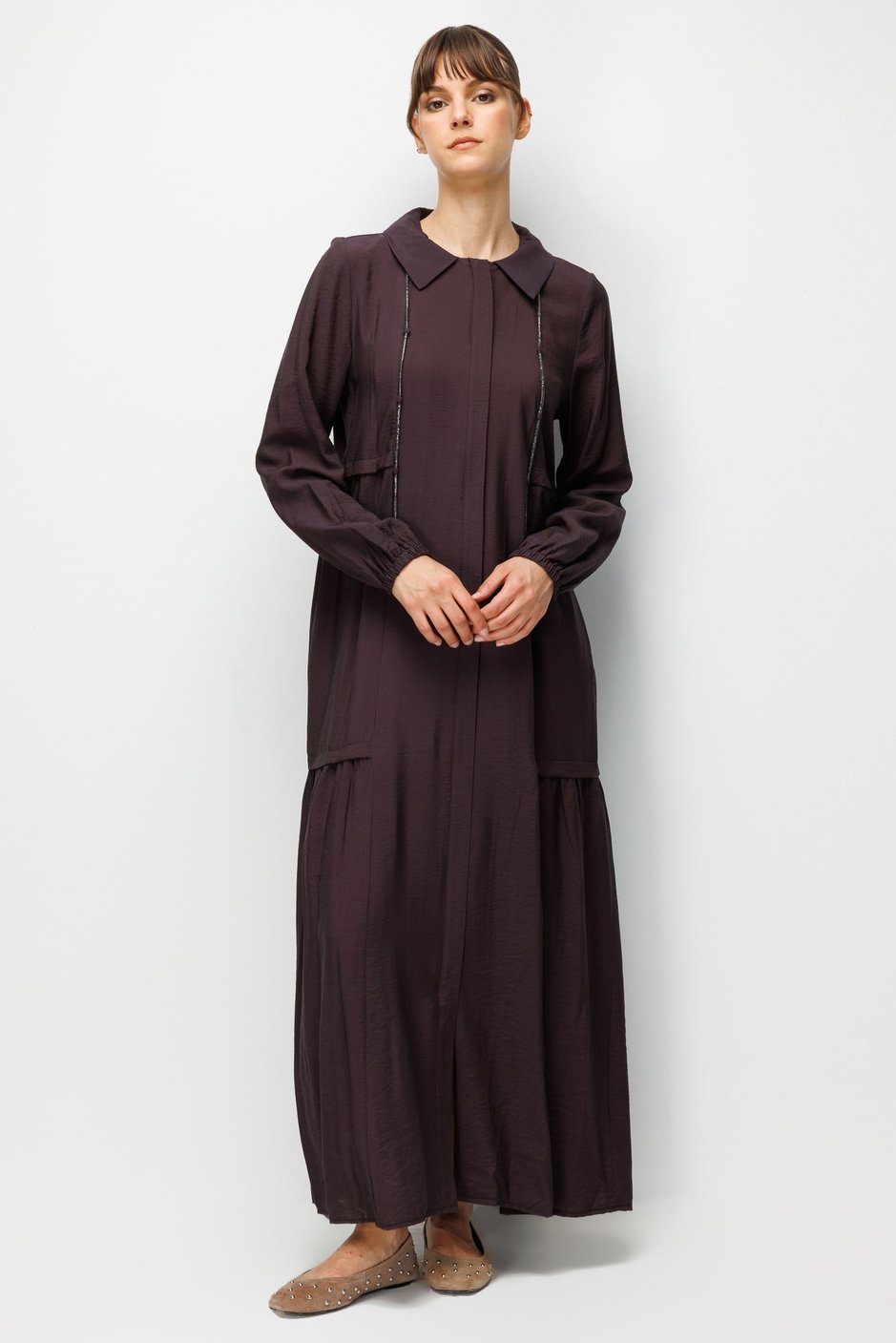 Goldy %85 LyoCELL Soft Kumaştan Yaka Zincir Aksesuarlı Zamansız Maxi Tunik-Elbise-Kahve