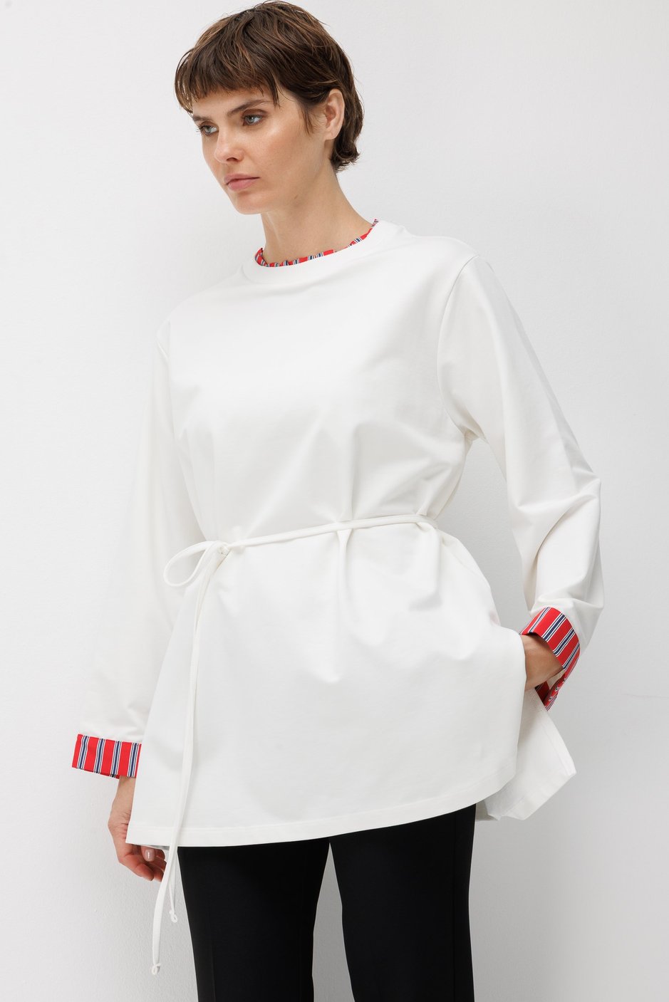 Linea Çizgili Garnili Kuşaklı Tunik Sweat-Ekru