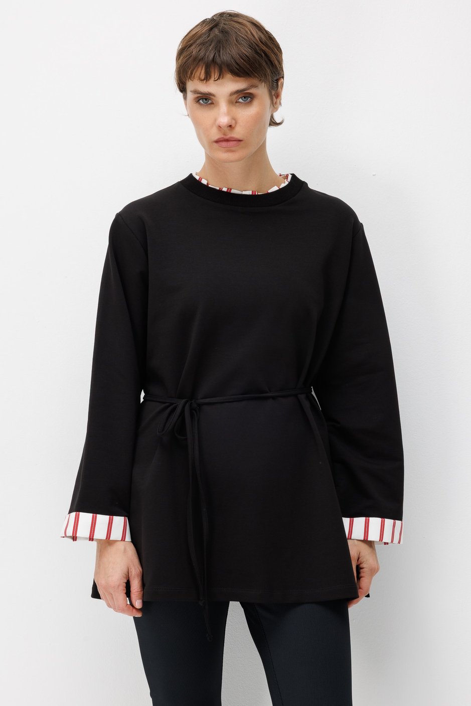 Linea Çizgili Garnili Kuşaklı Tunik Sweat-Siyah