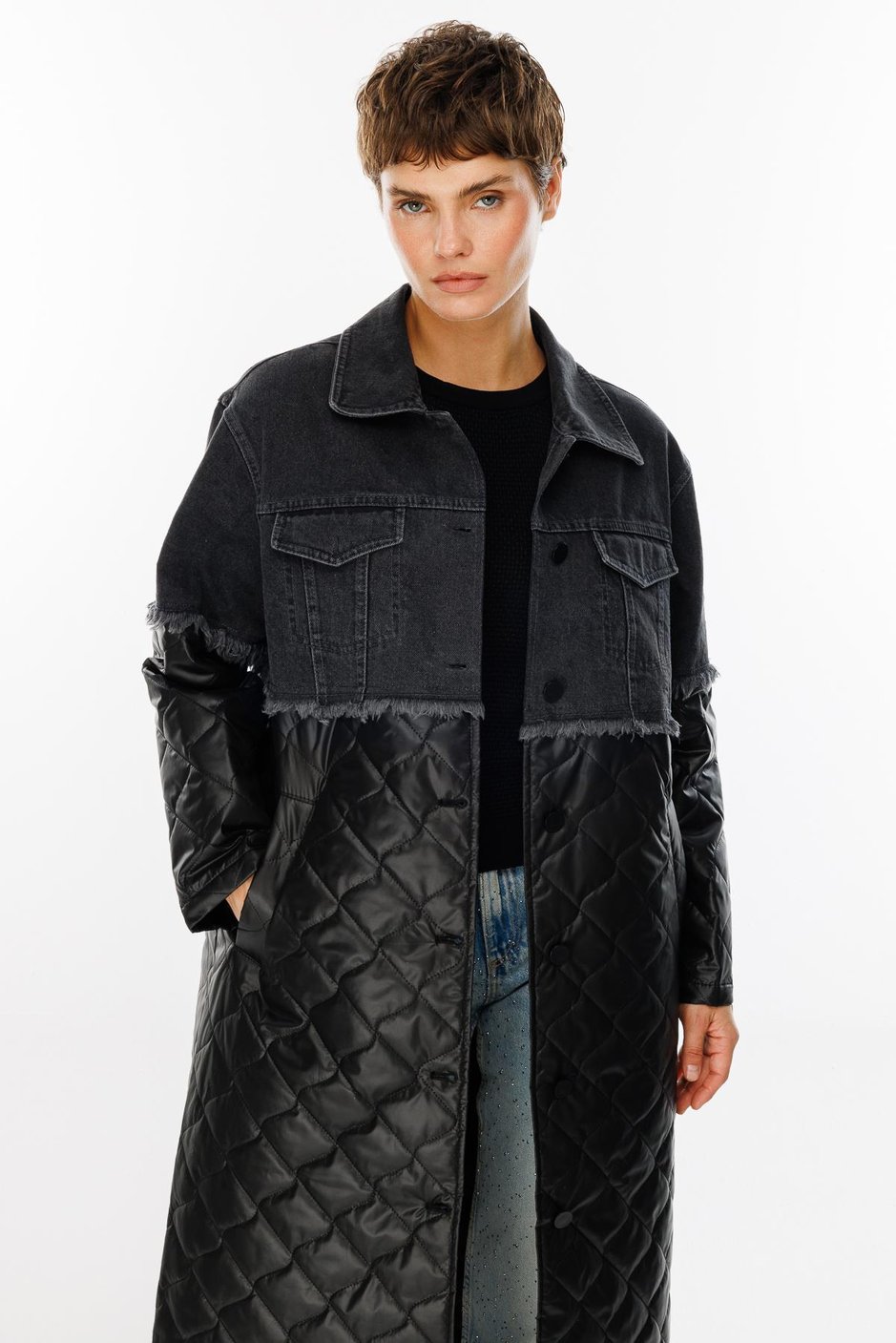Missy Denim Kapitone Uyumlu Hafif Spor Zamansız Trench Kaban Manto-Siyah