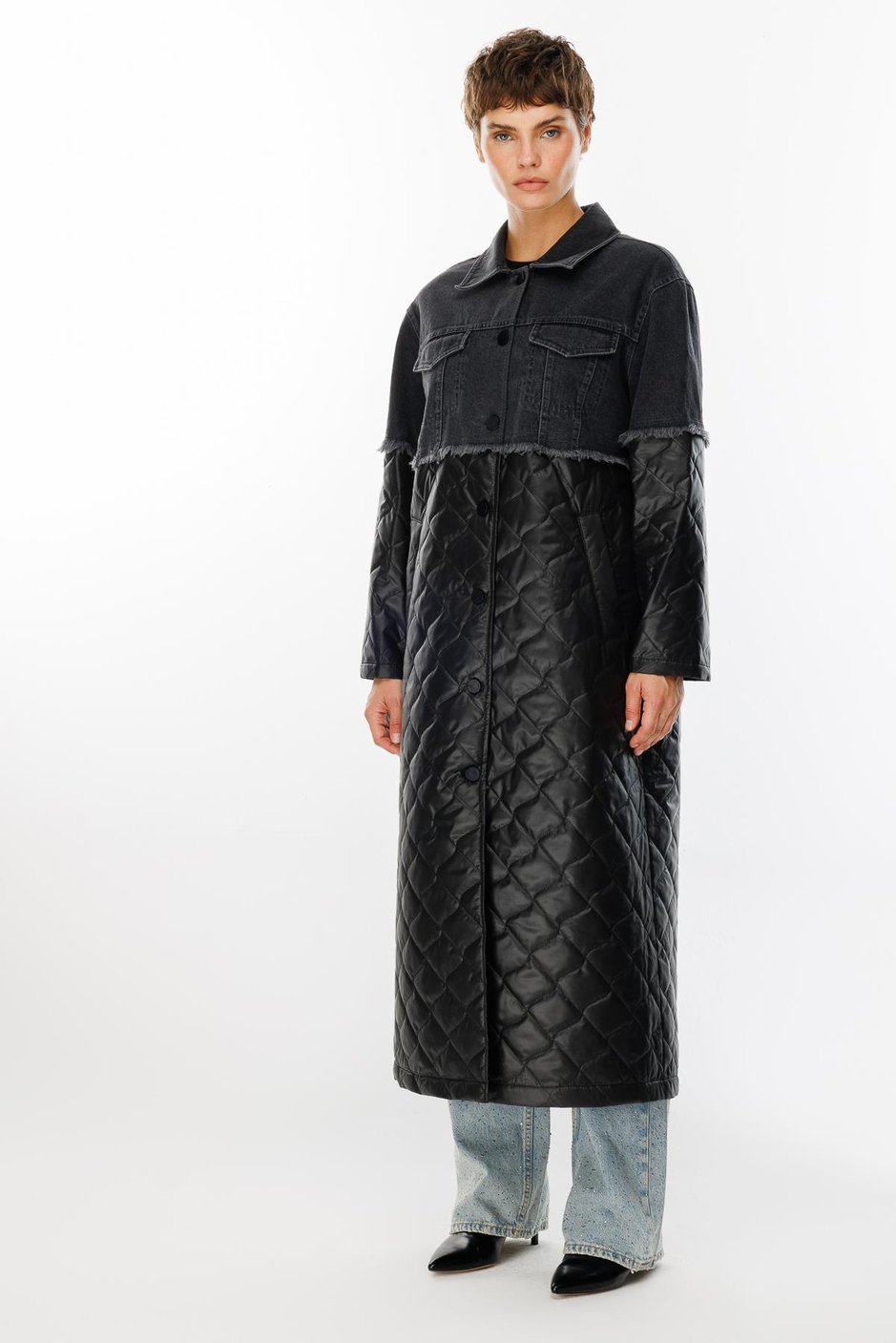 Missy Denim Kapitone Uyumlu Hafif Spor Zamansız Trench Kaban Manto-Siyah