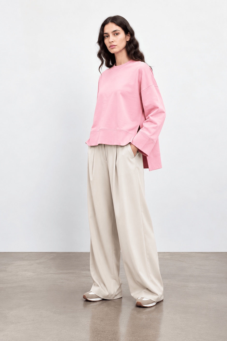 Örme Asimetrik Kesim Düşük Omuz Sweat Tunik-Pembe