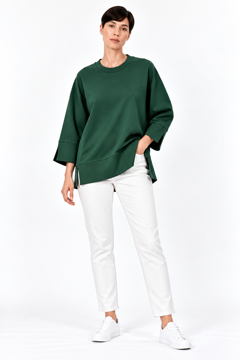 Örme Kol ve Yırtmaç Detaylı Tunik Sweatshirt-ZÜMRÜT