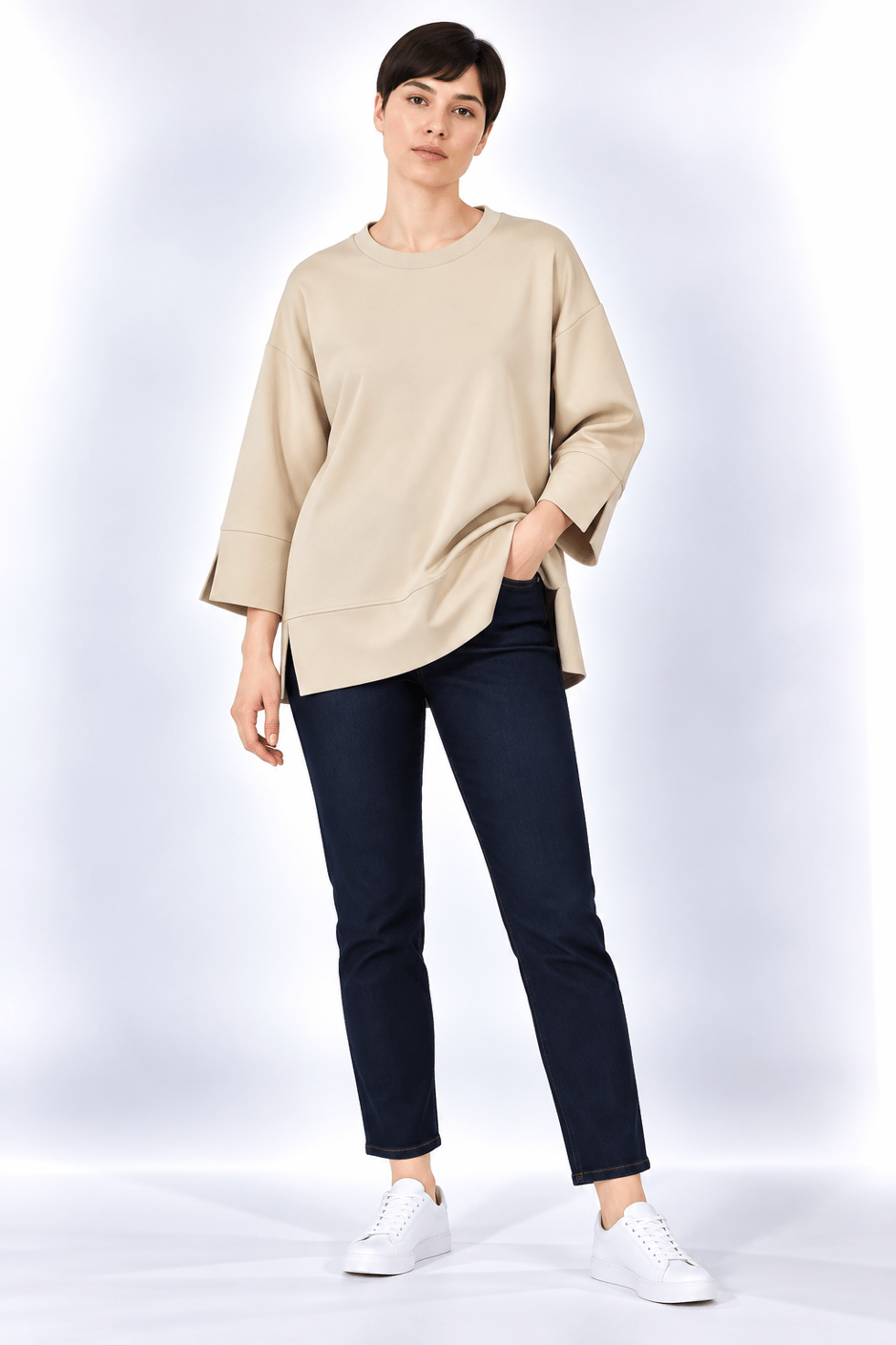 Örme Kol ve Yırtmaç Detaylı Tunik Sweatshirt-Taş