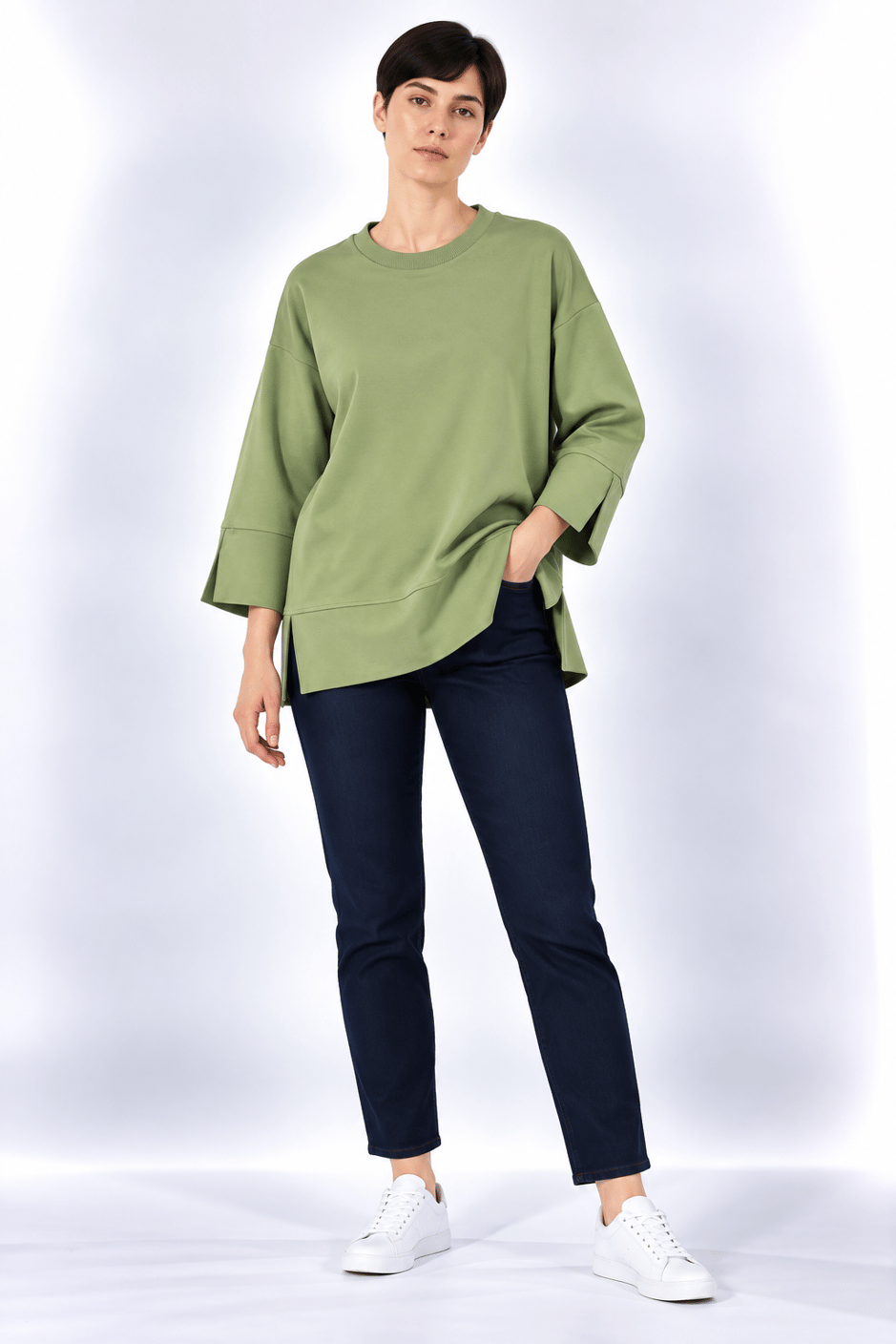 Örme Kol ve Yırtmaç Detaylı Tunik Sweatshirt-Yeşil