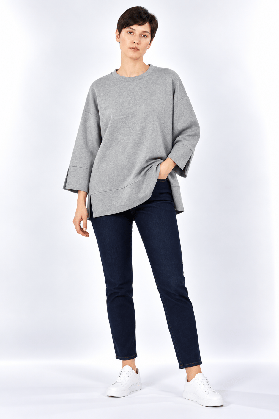 Örme Kol ve Yırtmaç Detaylı Tunik Sweatshirt-MELANJ