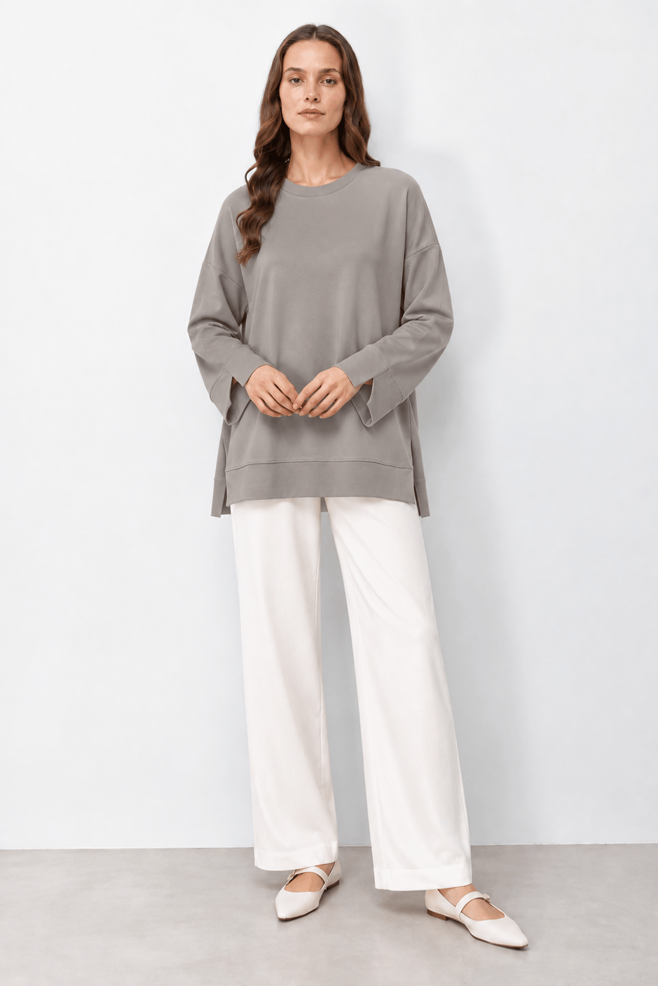 Örme Kol ve Yırtmaç Detaylı Tunik Sweatshirt-Gri