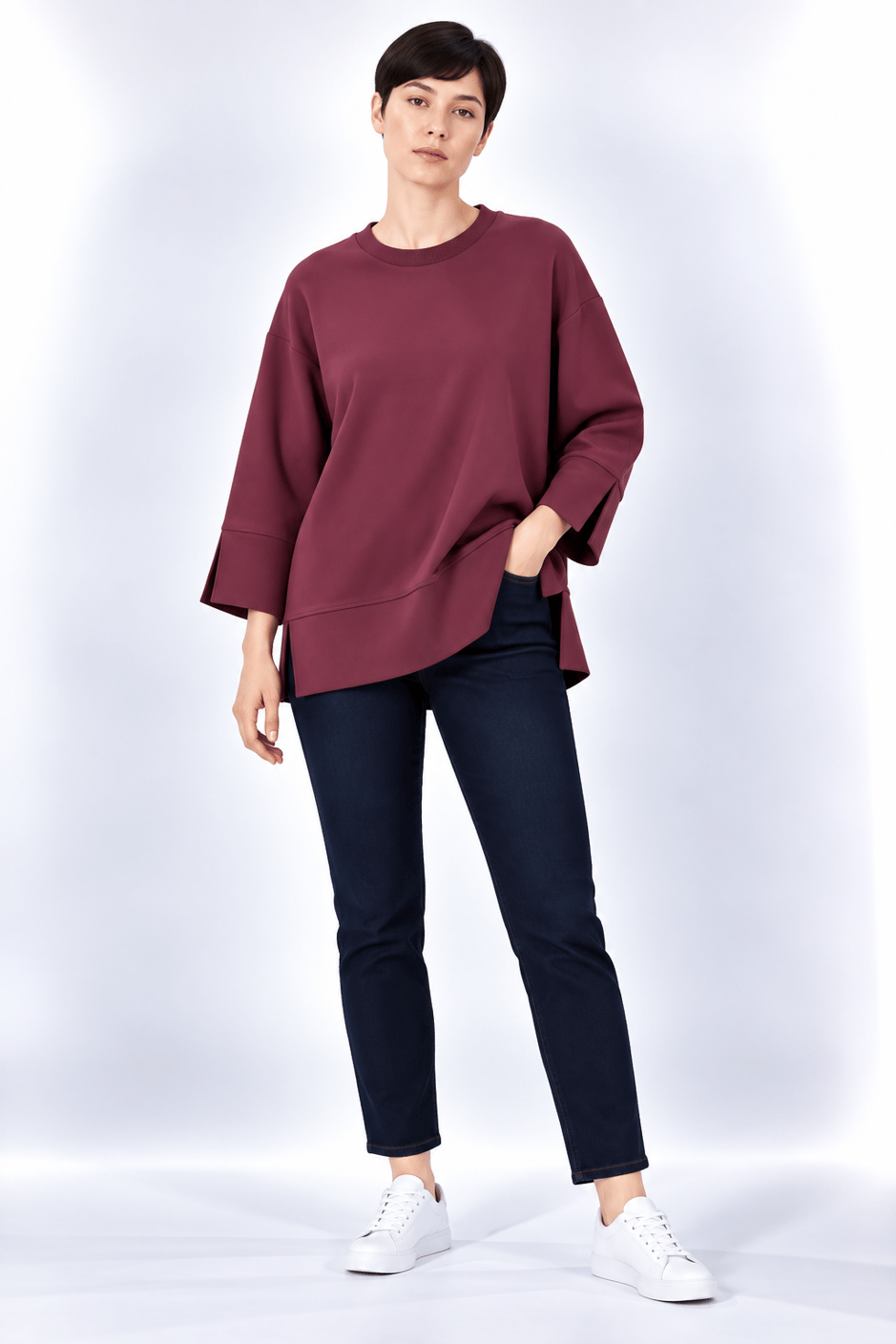 Örme Kol ve Yırtmaç Detaylı Tunik Sweatshirt-Bordo
