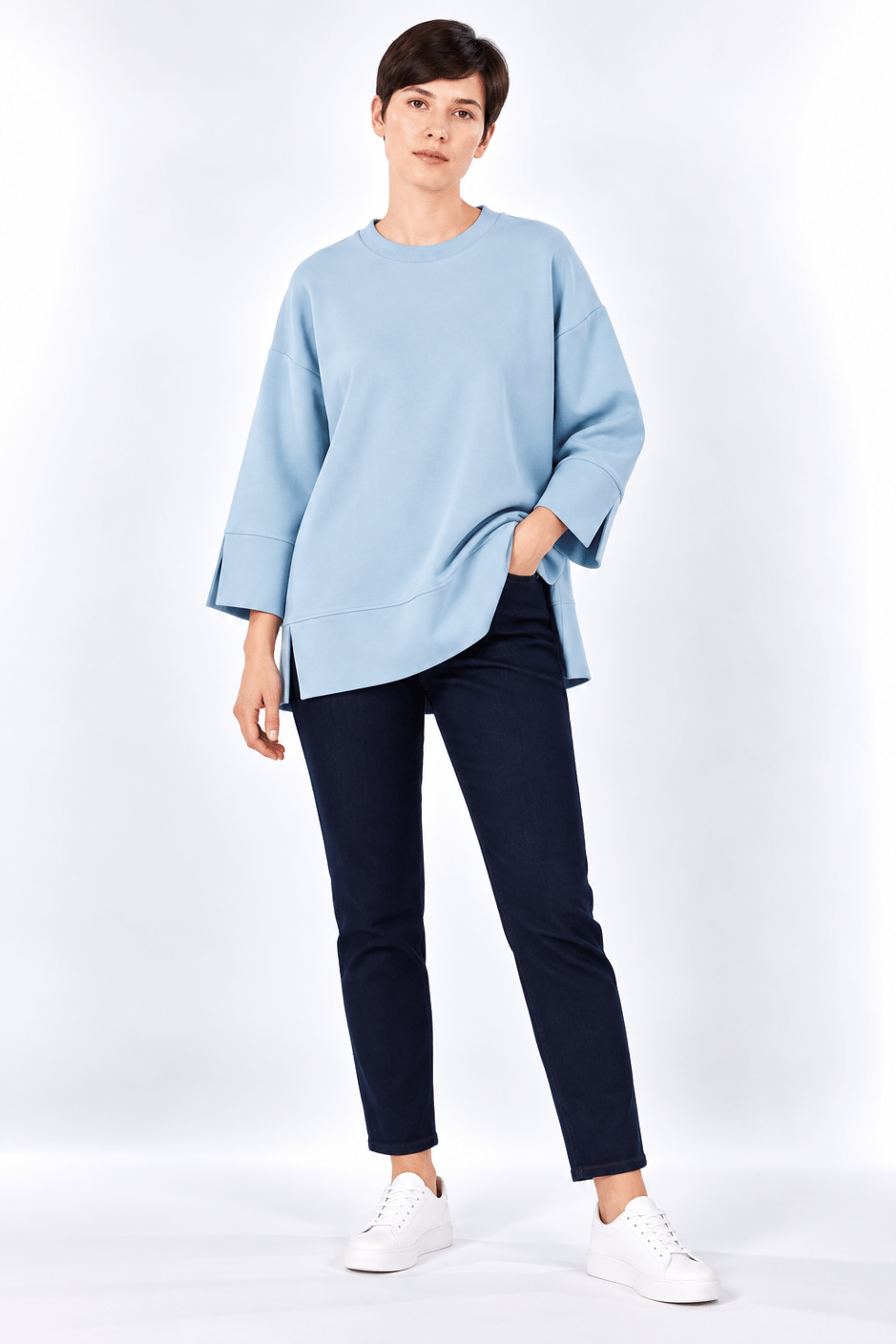 Örme Kol ve Yırtmaç Detaylı Tunik Sweatshirt-Mavi