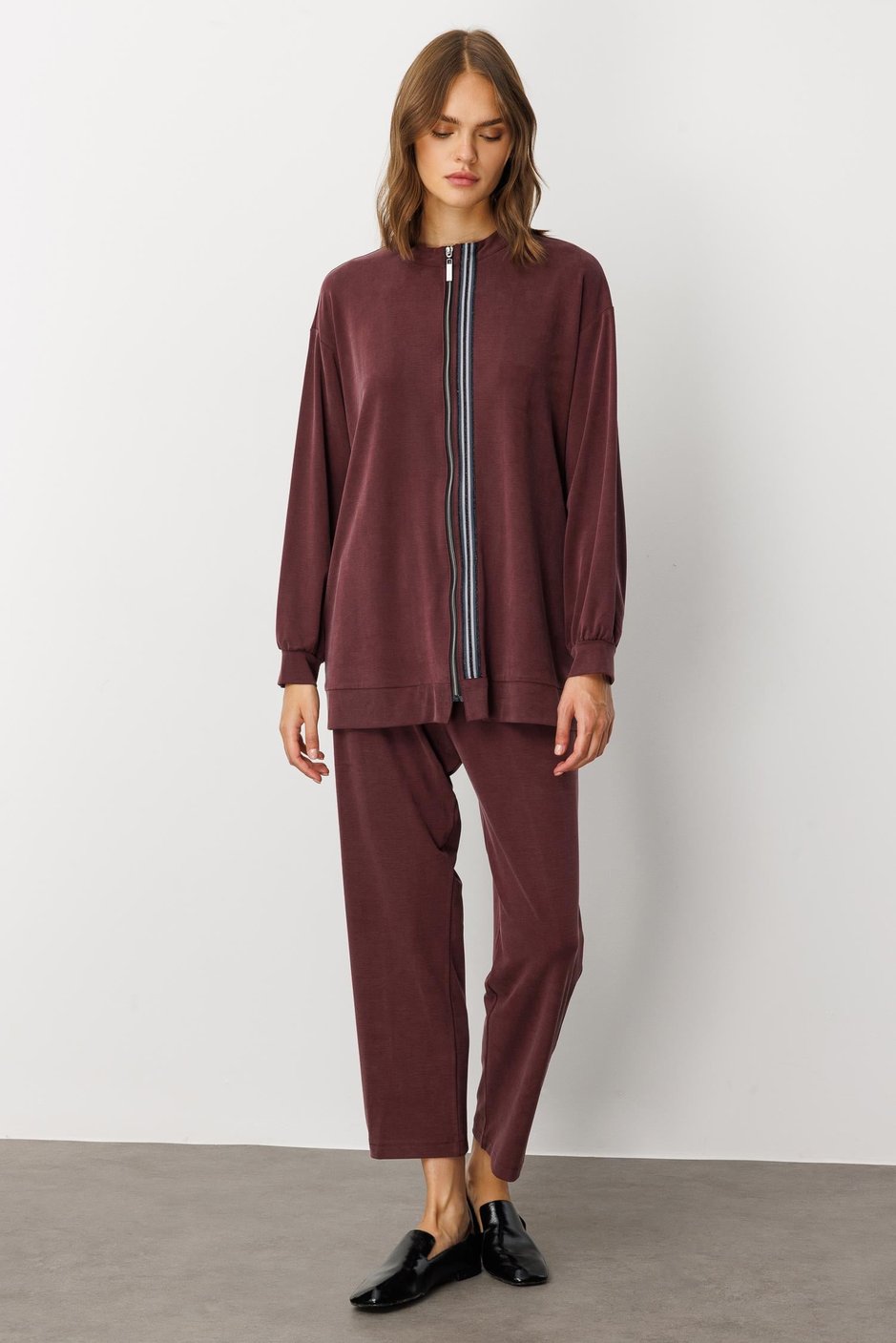 Soft Örme Miccell (%55 doğal) İçerik Dokuma Ön Garni Pantalon Kombin Takım-Bordo
