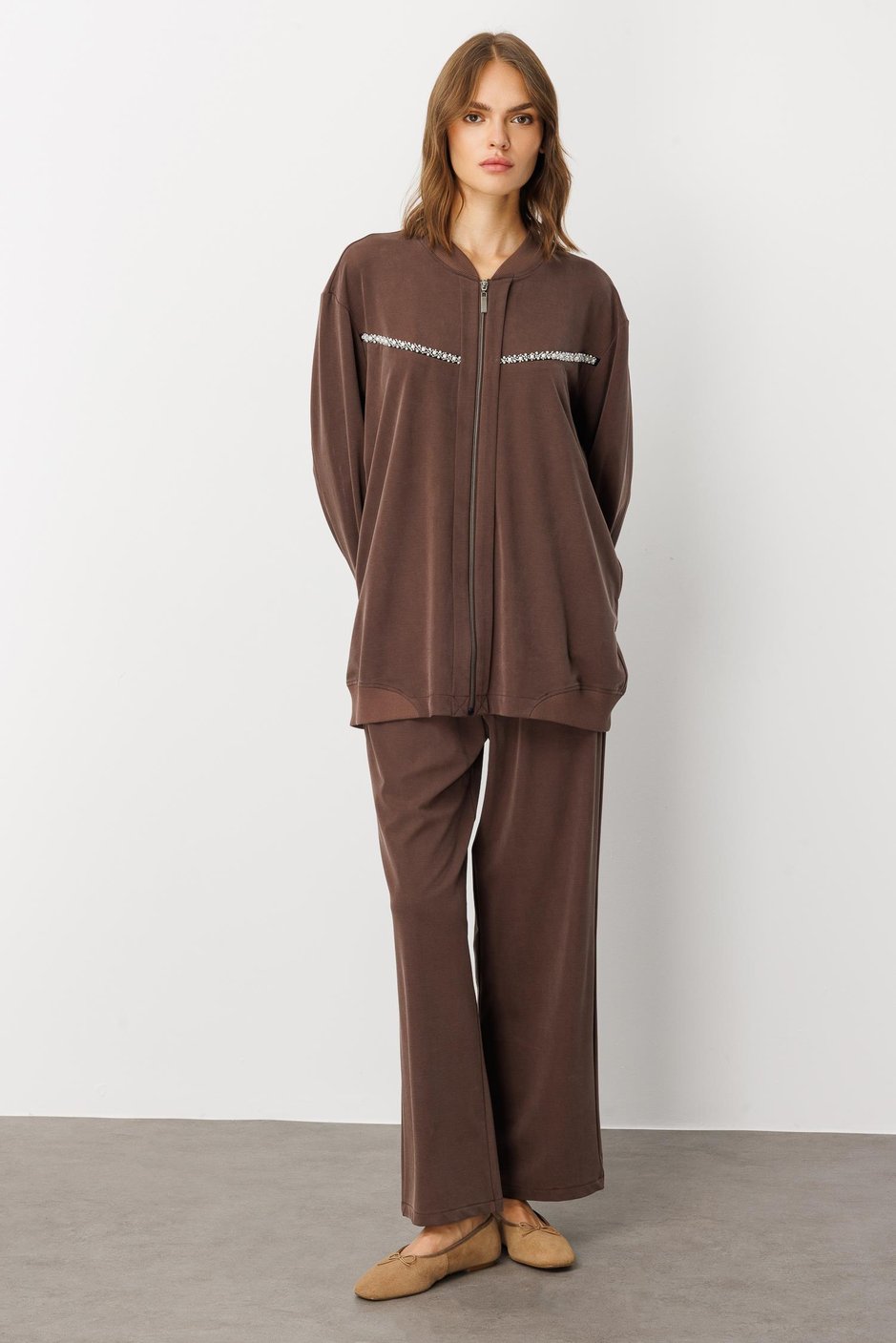 Soft Örme (miccell %55 doğal içerik) Elişi Detaylı  Pantalon Kombin Takım-Kahve
