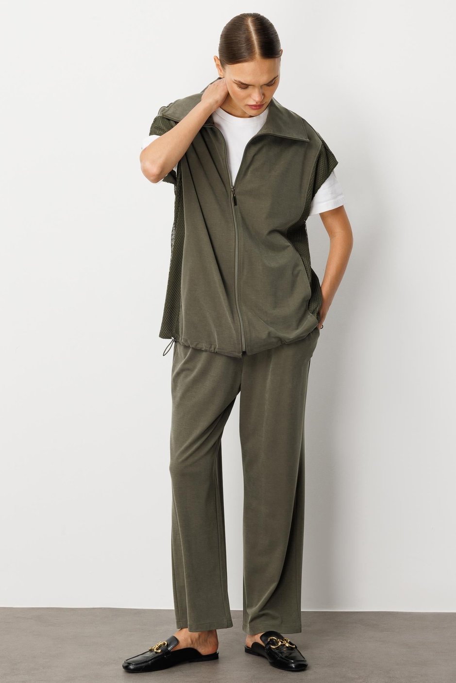 Soft Örme (miccell %55 doğal) İçerikli Yelek (tunik)  Pantalon Kombin Takım-Haki
