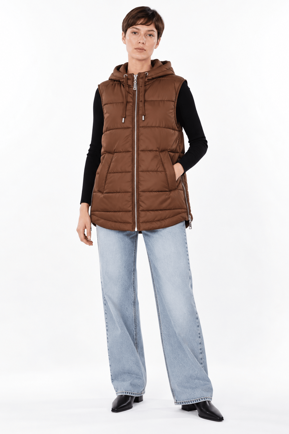 Zipper Yan ve Ön Özel Fermuar Detaylı Zamansız Yelek-KAHVE-2