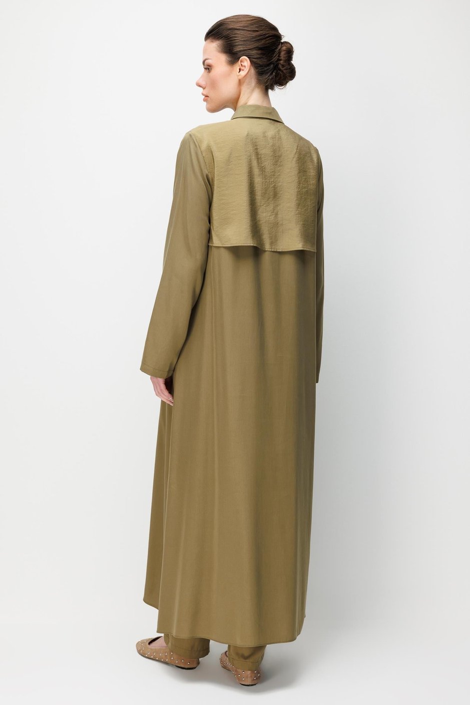 %100 Doğal LyoCEL Dökümlü Soft Hissiyat Aller Arka Pelerin Maxi Tunik-Haki