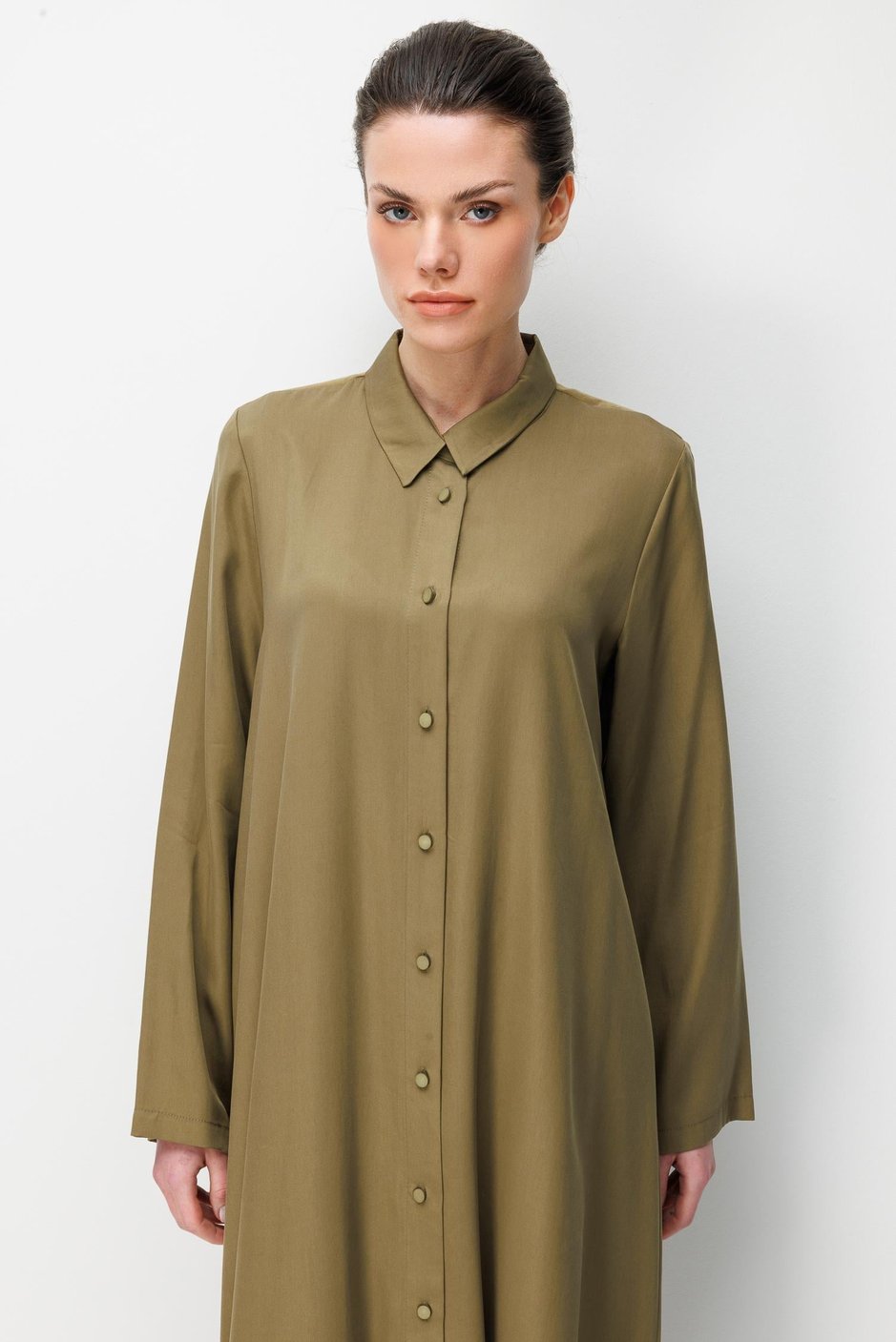 %100 Doğal LyoCEL Dökümlü Soft Hissiyat Aller Arka Pelerin Maxi Tunik-Haki
