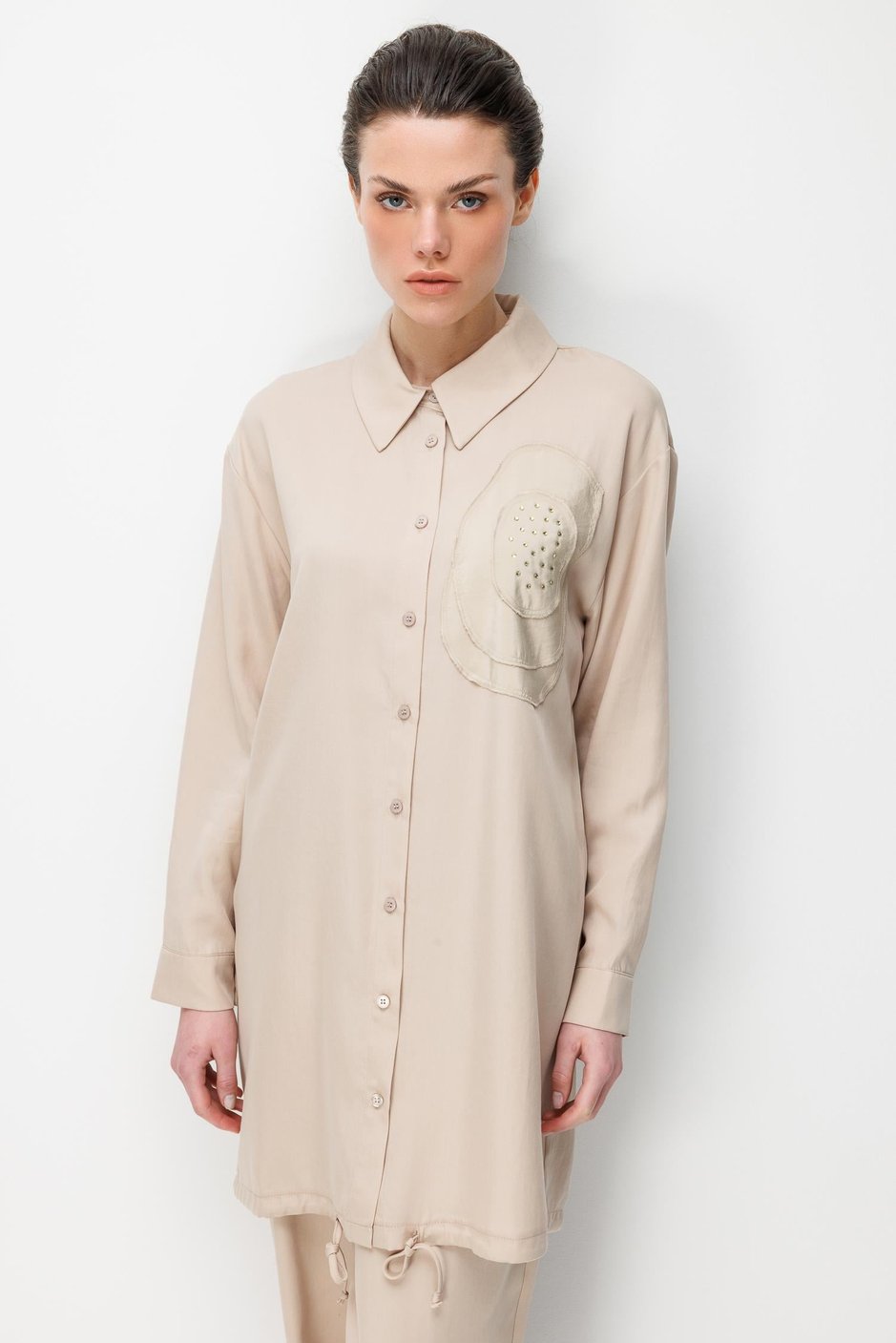 %100 Doğal LyoCEL Dökümlü Soft Hissiyat Rose Nakış ve Ta İşleme Pantolon ve Maxi Tunik Kombin Takım-Taş