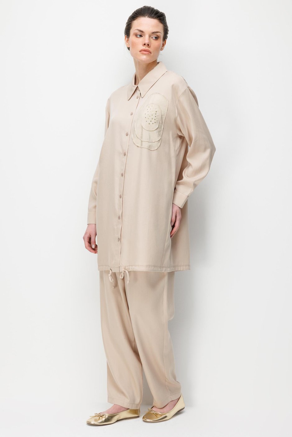 %100 Doğal LyoCEL Dökümlü Soft Hissiyat Rose Nakış ve Ta İşleme Pantolon ve Maxi Tunik Kombin Takım-Taş