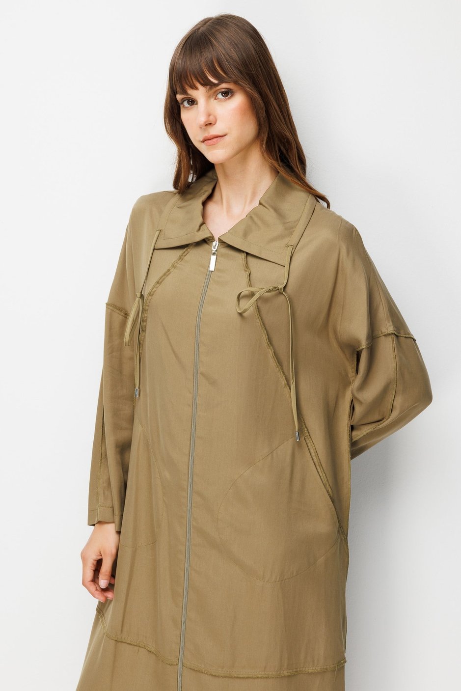 100% Natural LyoCELL Maxi Draped Soft Fabric Timeless Abaya with Special Stitching Details - Khaki