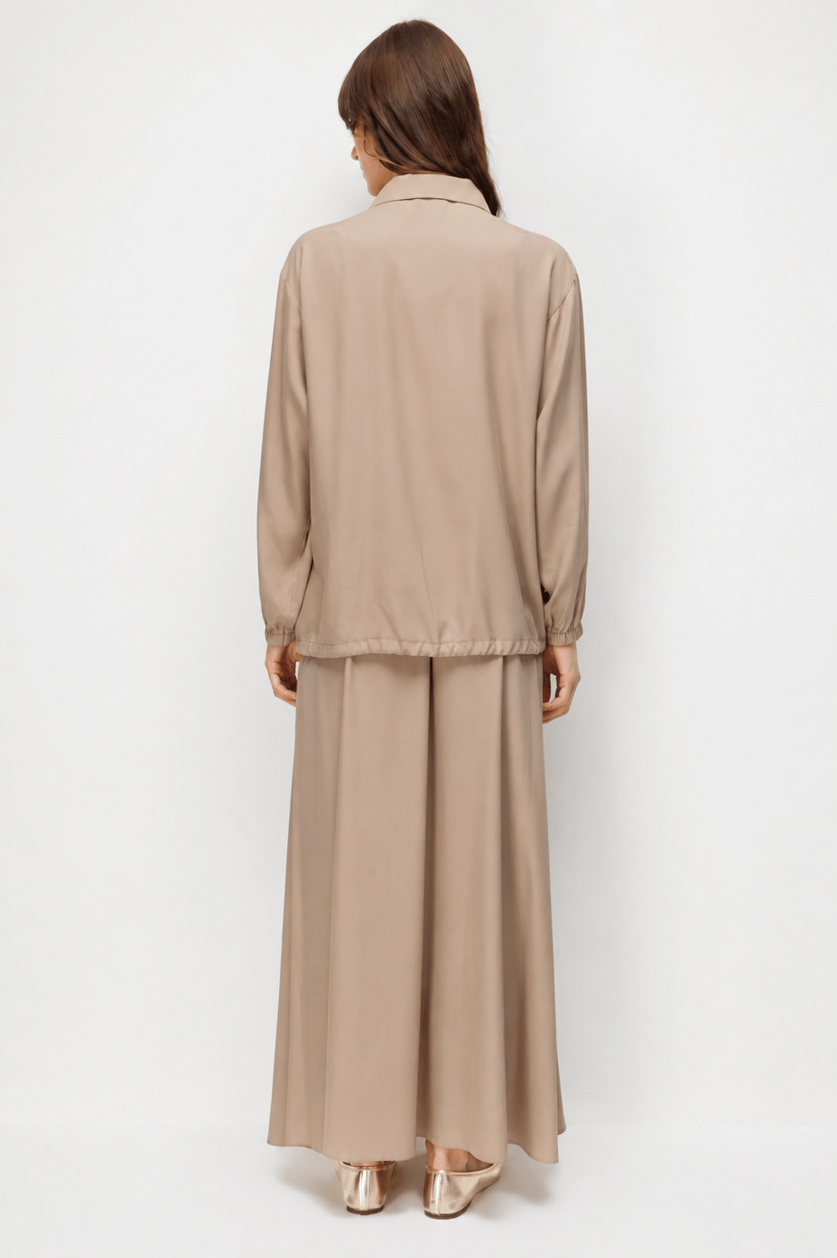 100% Təbii LyoCELL Maxi Draped Yumşaq Parça Gödəkçə və Ətək Dəsti, Örgü ilə Bəzədilmiş Təfərrüatlarla - Qəhvə