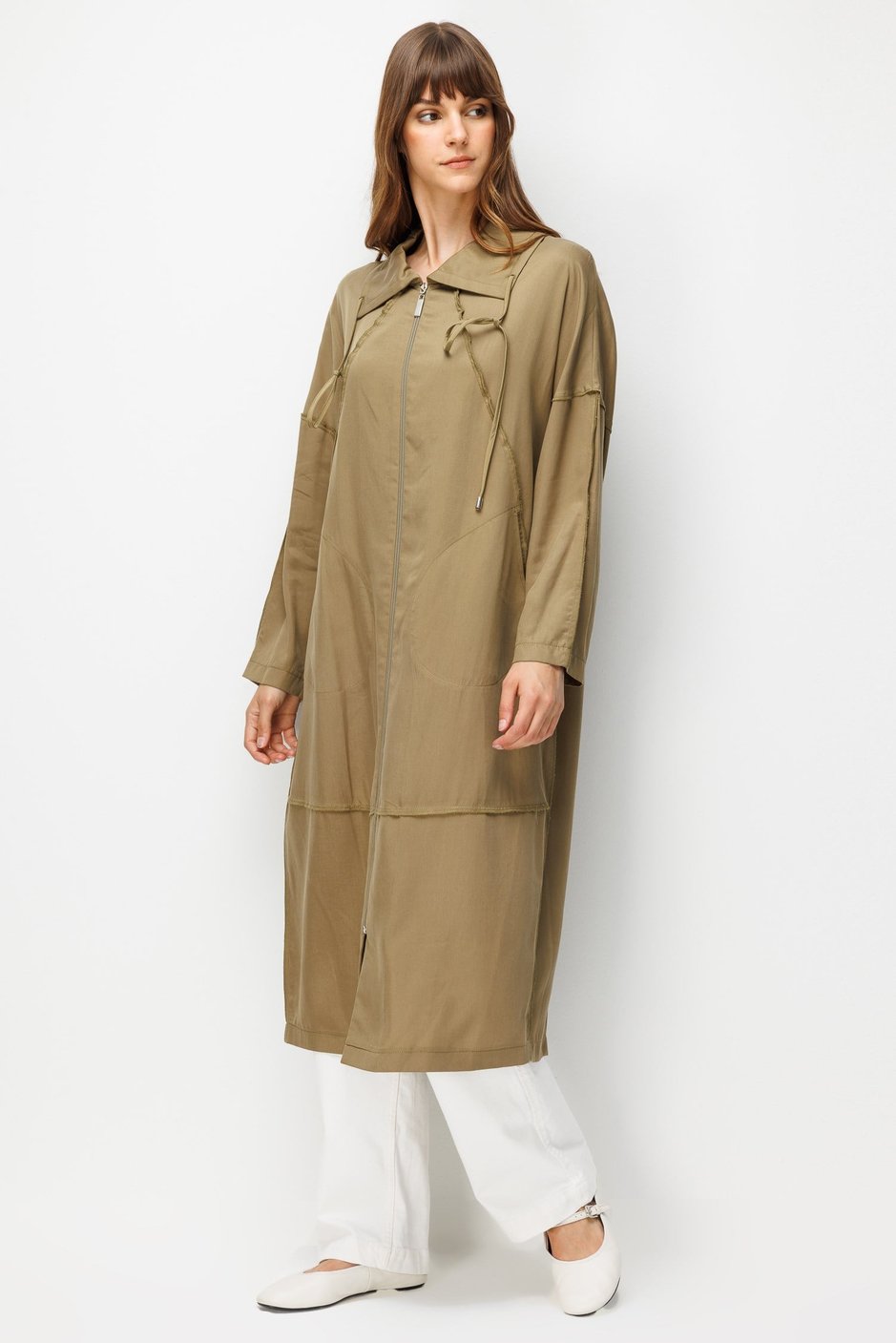 100% Natural LyoCELL Maxi Draped Soft Fabric Timeless Abaya with Special Stitching Details - Khaki
