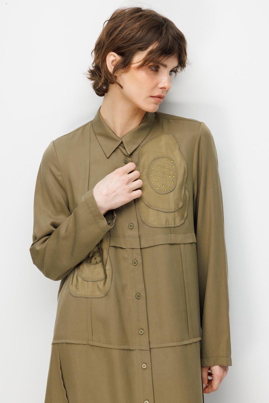 %100 Doğal LyoCELL Maxi Dökümlü Soft Kumaş Elişi Flora İşleme Detaylı Maxi Tunik Ferace-Haki
