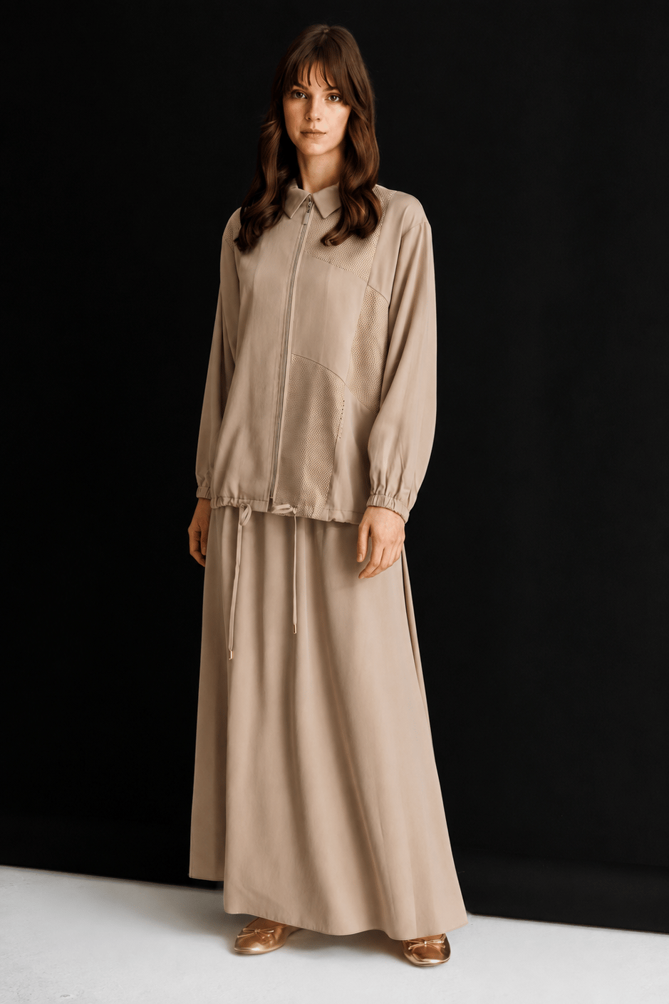 100% Təbii LyoCELL Maxi Draped Yumşaq Parça Gödəkçə və Ətək Dəsti, Örgü ilə Bəzədilmiş Təfərrüatlarla - Qəhvə