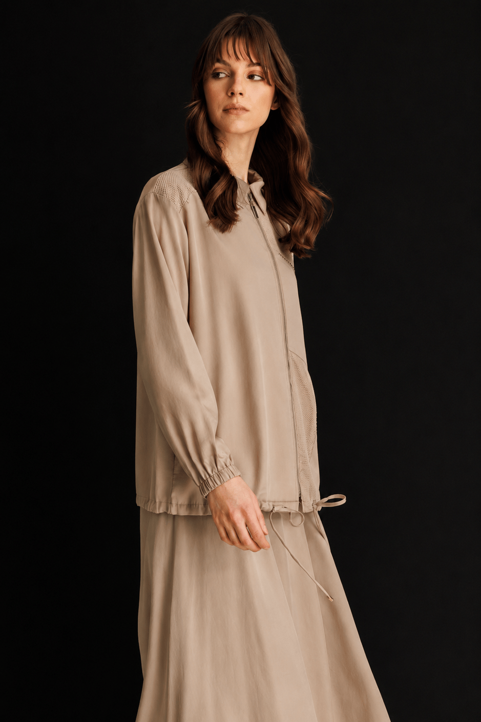 100% Təbii LyoCELL Maxi Draped Yumşaq Parça Gödəkçə və Ətək Dəsti, Örgü ilə Bəzədilmiş Təfərrüatlarla - Qəhvə