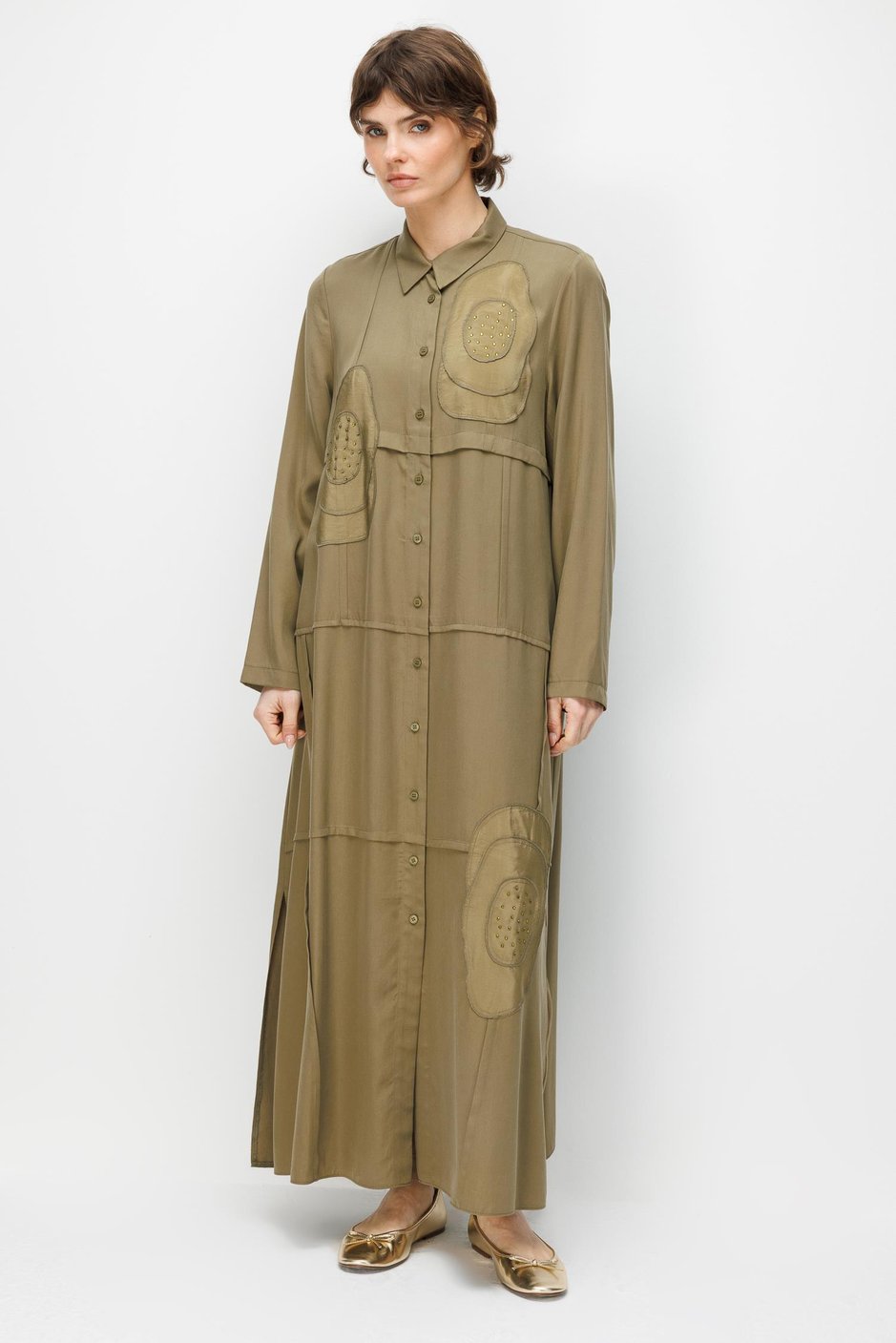 %100 Doğal LyoCELL Maxi Dökümlü Soft Kumaş Elişi Flora İşleme Detaylı Maxi Tunik Ferace-Haki