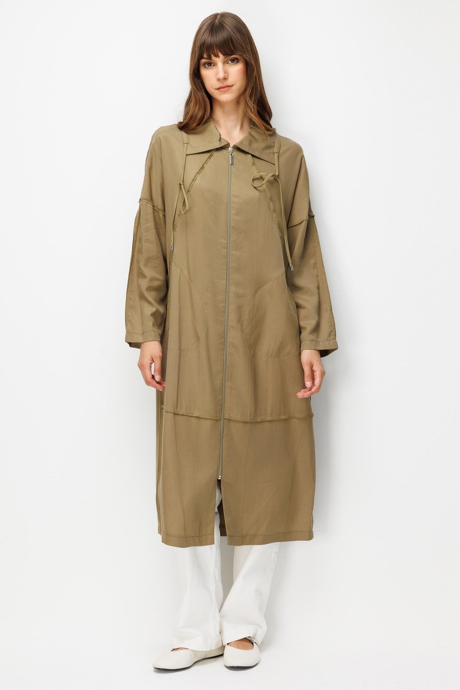 100% Natural LyoCELL Maxi Draped Soft Fabric Timeless Abaya with Special Stitching Details - Khaki