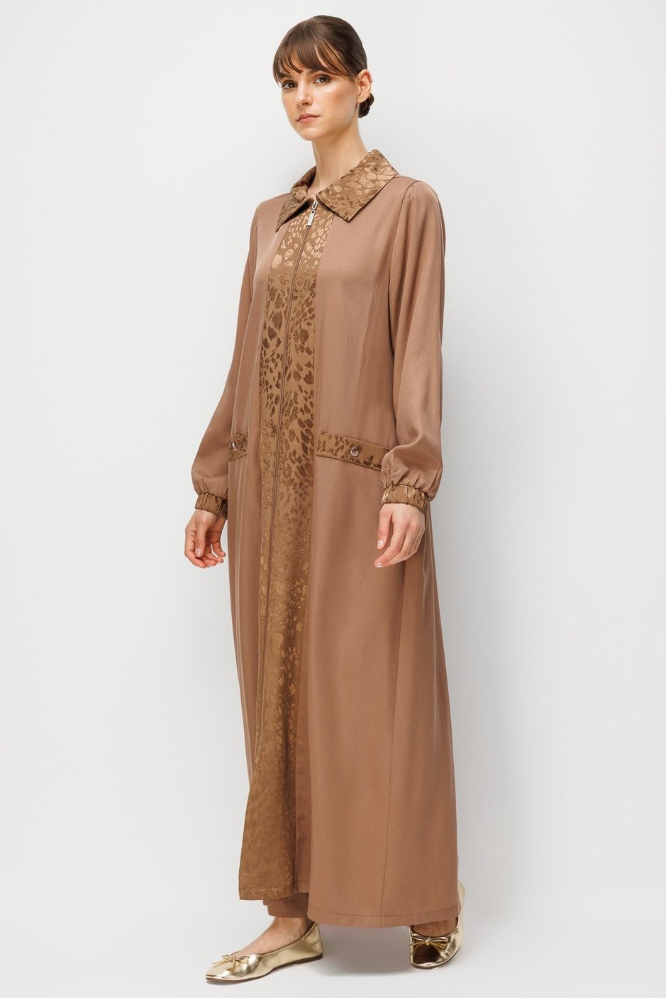 %100 Doğal LyoCELL Maxi Dökümlü Soft Kumaş ve Desen Geçişli Ferace-Kahve