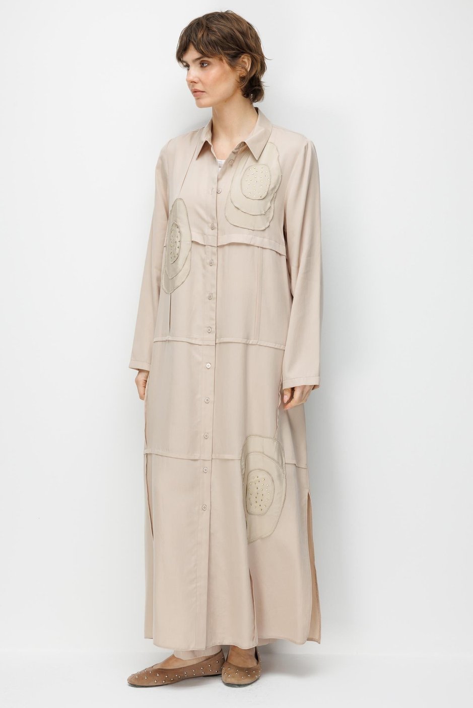 %100 Doğal LyoCELL Maxi Dökümlü Soft Kumaş Elişi Flora İşleme Detaylı Maxi Tunik Ferace-Taş