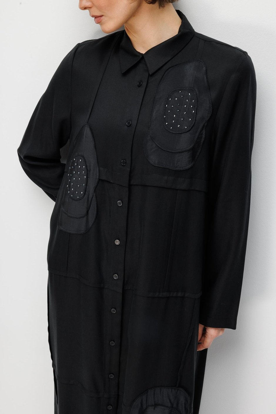 %100 Doğal LyoCELL Maxi Dökümlü Soft Kumaş Elişi Flora İşleme Detaylı Maxi Tunik Ferace-Siyah