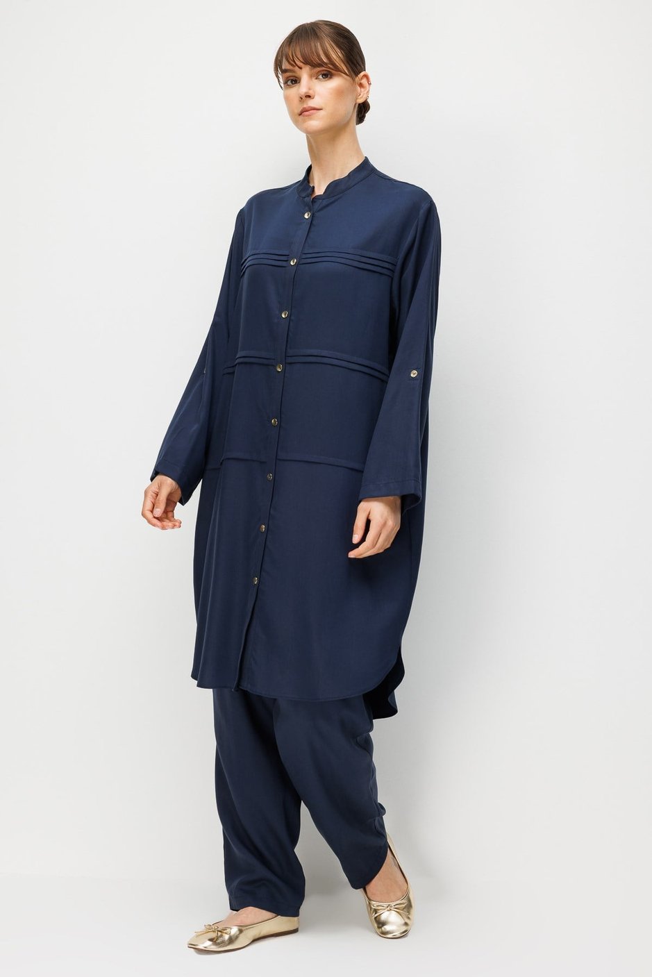 %100 Doğal LyoCELL Sıralı Aller Nervür Detaylı Maxi Tunik ve Pantalon Kombinli Takım-Laci