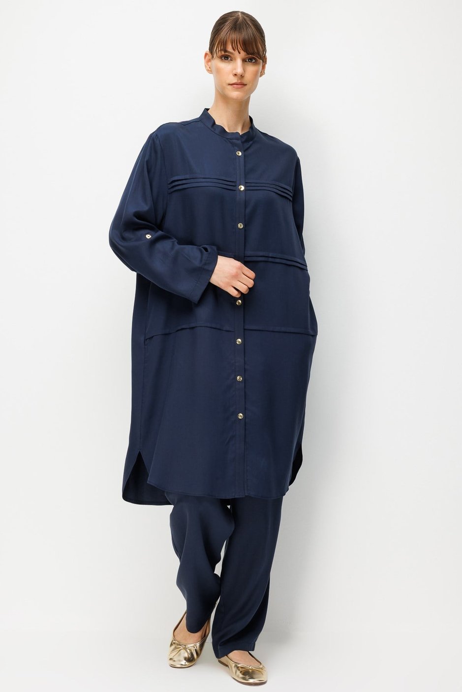 %100 Doğal LyoCELL Sıralı Aller Nervür Detaylı Maxi Tunik ve Pantalon Kombinli Takım-Laci