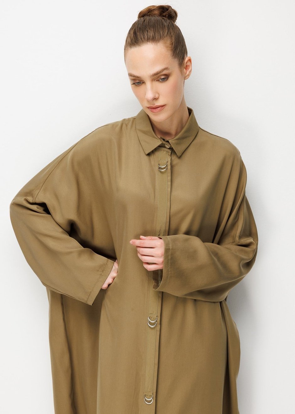 %100 LyoCell Özel Detay Garnili Maxi Tunik Kap-Haki
