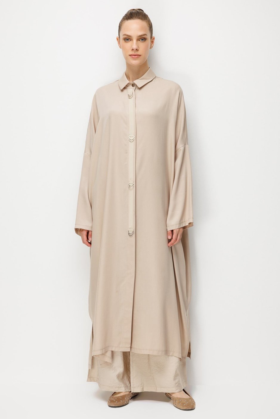 %100 LyoCell Özel Detay Garnili Maxi Tunik Kap-Taş