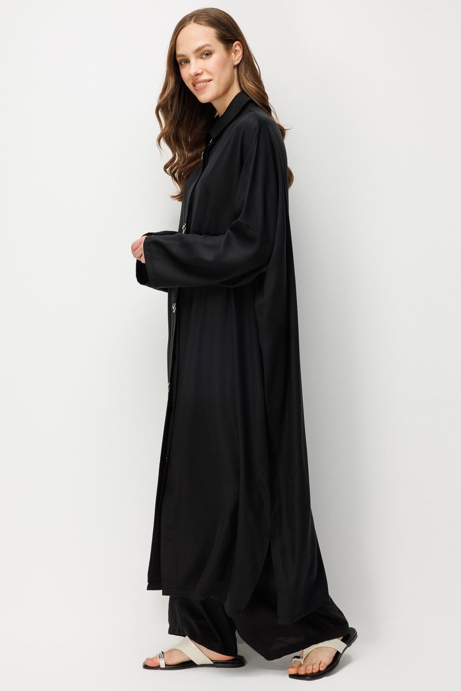 %100 LyoCell Özel Detay Garnili Maxi Tunik Kap-Siyah