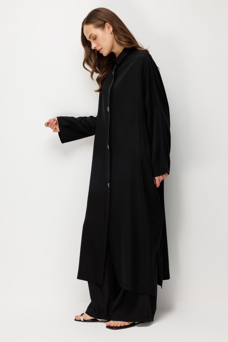 %100 LyoCell Özel Detay Garnili Maxi Tunik Kap-Siyah