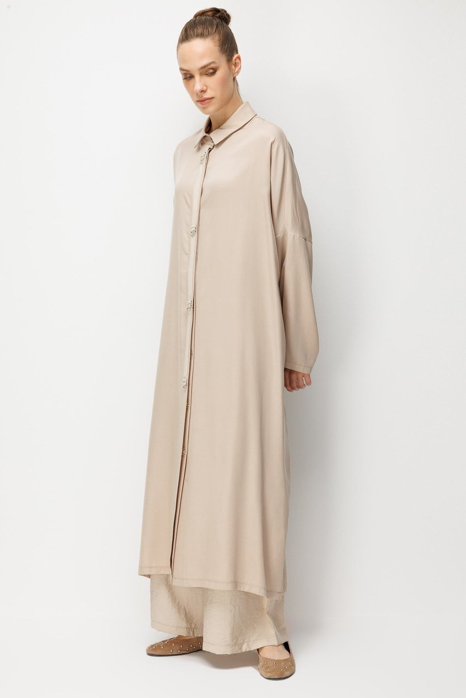%100 LyoCell Özel Detay Garnili Maxi Tunik Kap-Taş