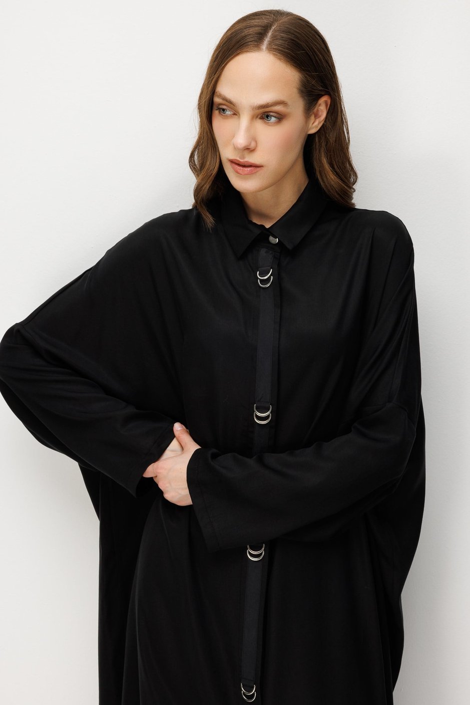 %100 LyoCell Özel Detay Garnili Maxi Tunik Kap-Siyah
