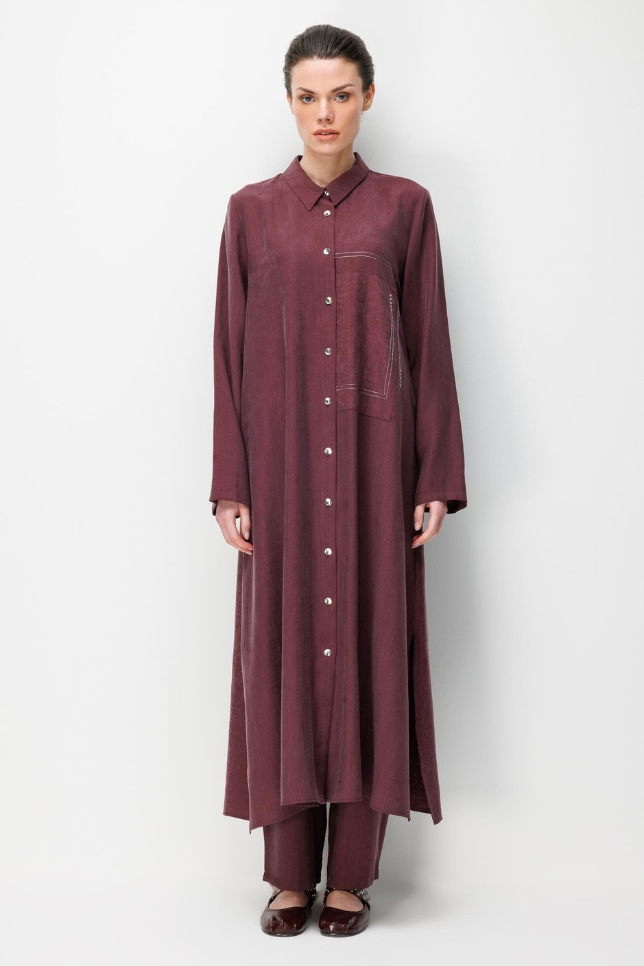 %80 Doğal LyoCELL Dökümlü Soft Hissiyat Arka Özel Dokuma Desen Pantolon ve Maxi Tunik Kombin Takım-Bordo