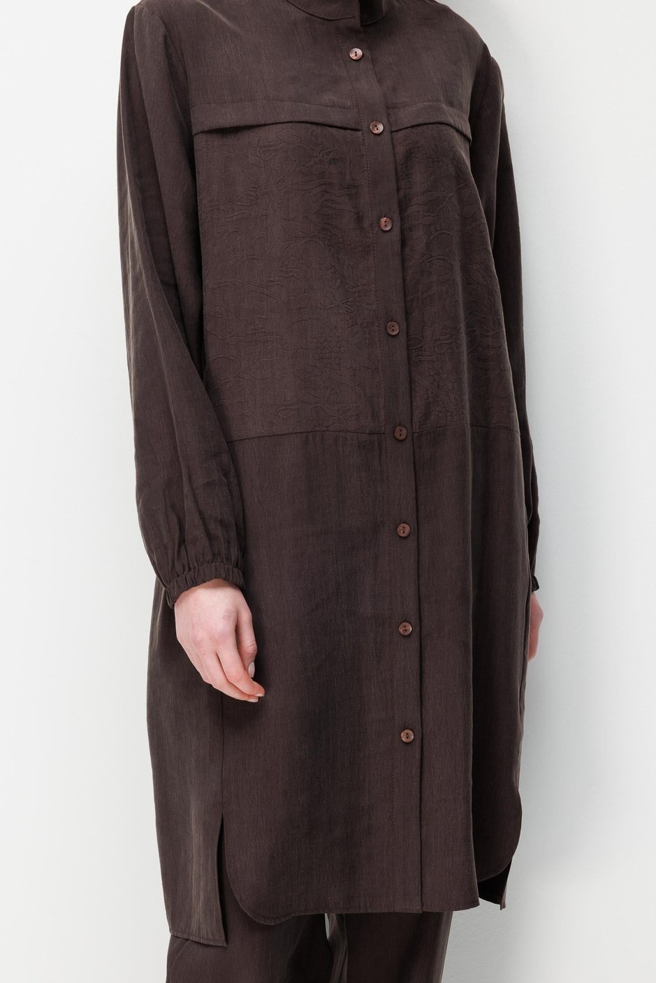 %80 Doğal LyoCELL Dökümlü Soft Hissiyat  Ön Beden Özel Dokuma Desen Pantalon ve Maxi Tunik Takım-Kahve