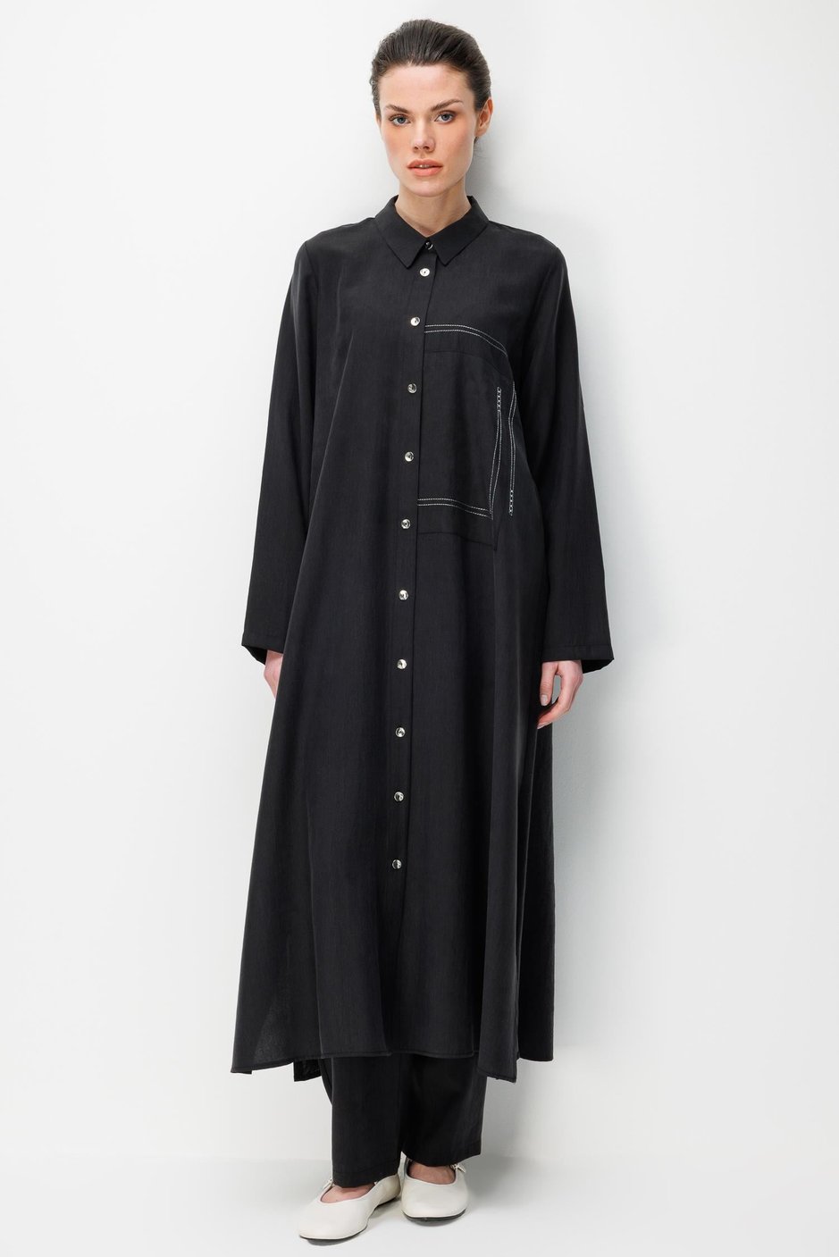 %80 Doğal LyoCELL Dökümlü Soft Hissiyat Arka Özel Dokuma Desen Pantolon ve Maxi Tunik Kombin Takım-Siyah