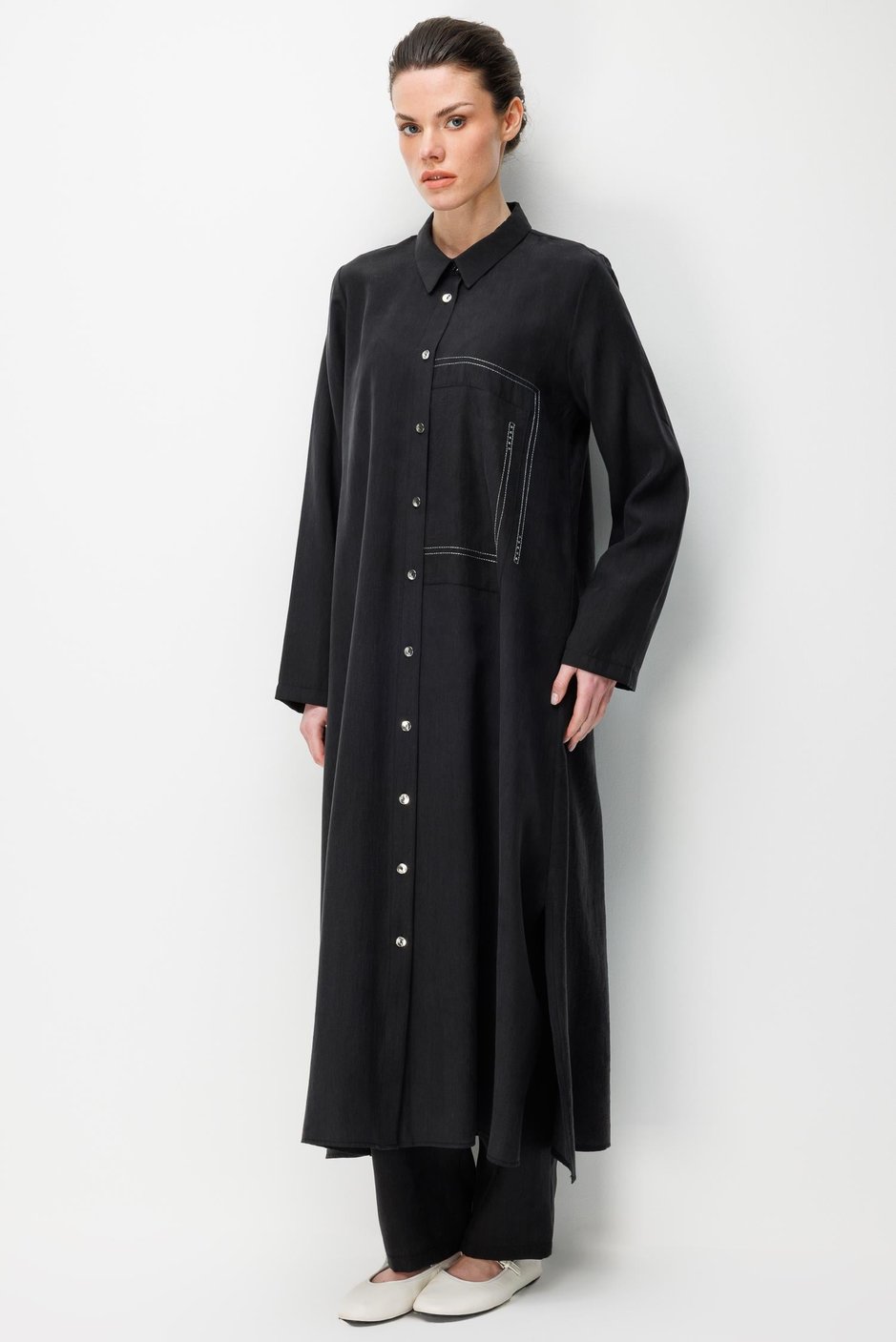 %80 Doğal LyoCELL Dökümlü Soft Hissiyat Arka Özel Dokuma Desen Pantolon ve Maxi Tunik Kombin Takım-Siyah