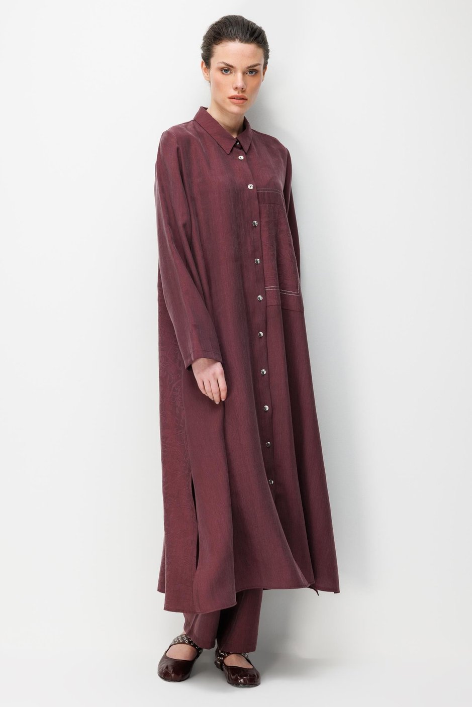 %80 Doğal LyoCELL Dökümlü Soft Hissiyat Arka Özel Dokuma Desen Pantolon ve Maxi Tunik Kombin Takım-Bordo