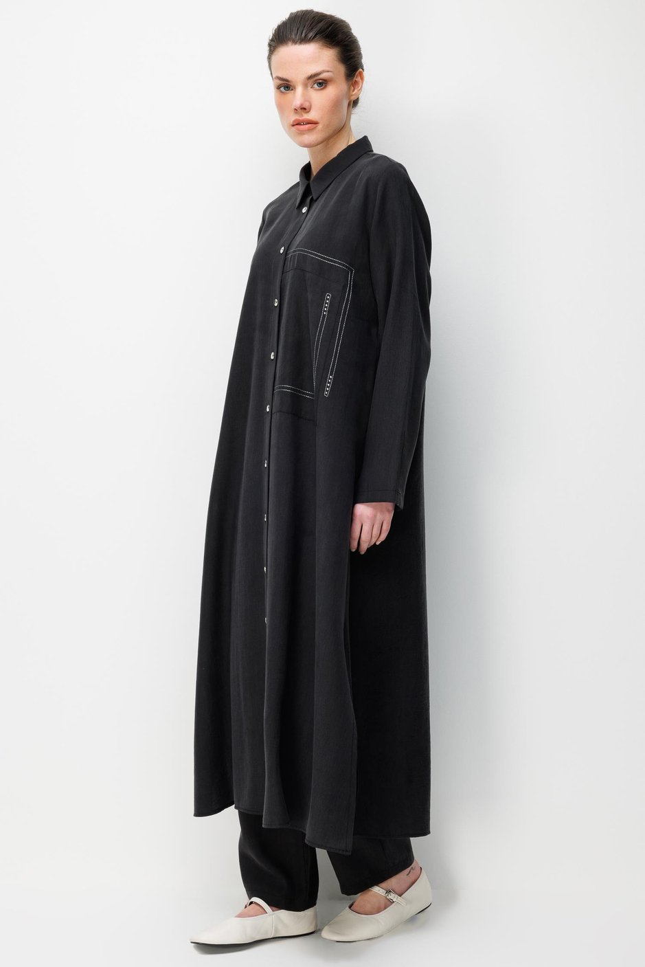 %80 Doğal LyoCELL Dökümlü Soft Hissiyat Arka Özel Dokuma Desen Pantolon ve Maxi Tunik Kombin Takım-Siyah